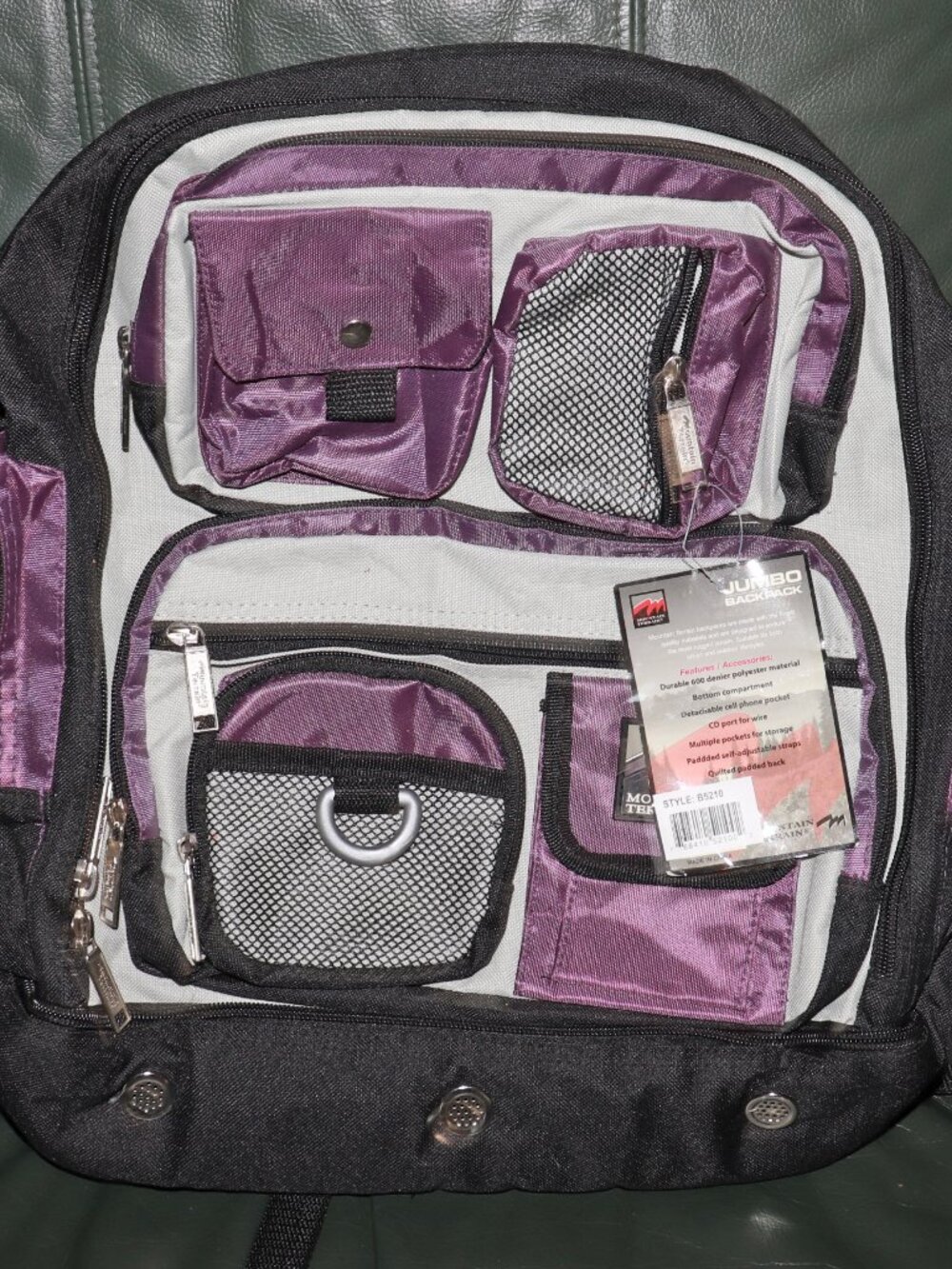 NWT Mountain Terrain Jumbo Backpack, Color: Black Purple 12" x 18"